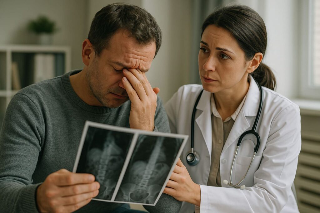 Homem segurando exames de imagem médica sendo confortado por uma médica durante consulta.